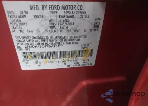 2007 Ford Edge Sel Plus z USA, uszkodzony, nr VIN 2FMDK49C47BA73103